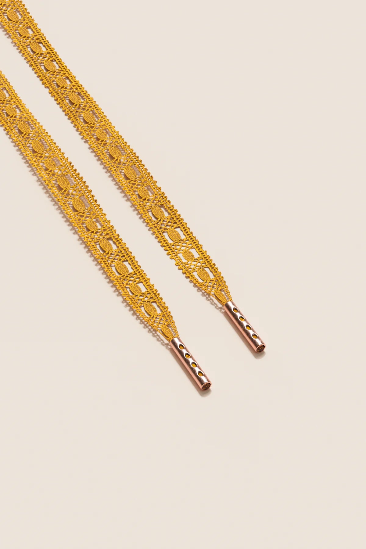 Senkels Yellow Crochet Shoelaces with Rose Gold Aglets